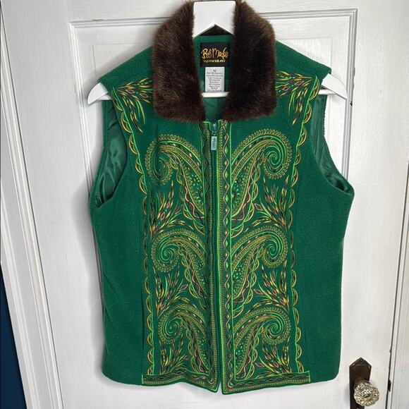 Bob Mackie Vintage Green Fleece Embroidered Vest with Fur Collar W1243 Sz M - Picture 1 of 9